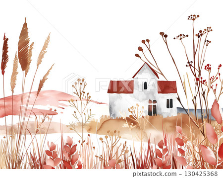 A serene watercolor landscape with a cozy house surrounded by winter flora and soft snow 130425368