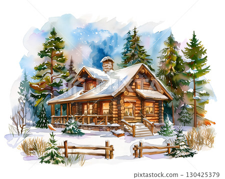 Charming wooden cabin nestled in a snowy winter landscape with evergreens and soft snowfall 130425379
