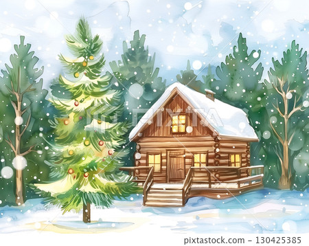 Cozy cabin surrounded by snow-covered trees in a tranquil winter landscape at dusk Cozy cabin surrounded by snow-covered trees in a tranquil winter landscape at dusk 130425385
