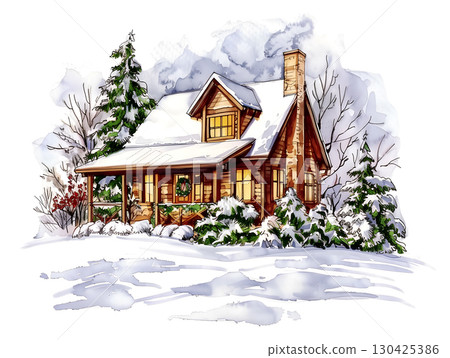 Cozy wooden cottage in a serene winter landscape with snow-covered trees and a cloudy sky 130425386