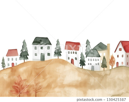 Winter watercolor landscape featuring cozy houses nestled among snow-capped hills 130425387