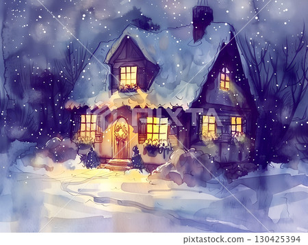 Charming winter landscape with a cozy cottage surrounded by falling snow at dusk 130425394