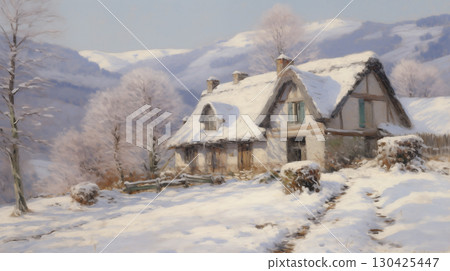 Winter landscape featuring a cozy cottage surrounded by snow-covered mountains 130425447
