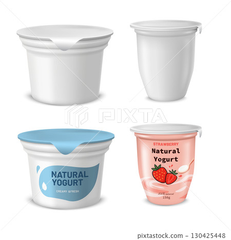 Yogurt cup mockup set with empty, white plastic container and with bright labels. 130425448