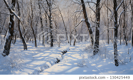 Impressionist winter landscape with snow-covered trees and a tranquil pathway 130425449