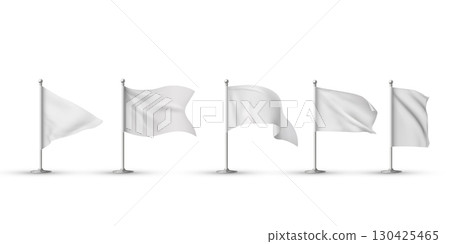 White waving flag 3d mockup vector set, horizontal canvas triangle or forked edge on flagpole for promotion design 130425465