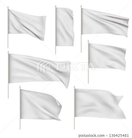White waving flag on flagpole 3d mockup vector set, clean horizontal canvas for promotion design, hanging pennants 130425481