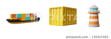 Cargo ship, container, lighthouse with beacon 3D plastic cartoon style vector set, sea logistics, ship transportation 130425483