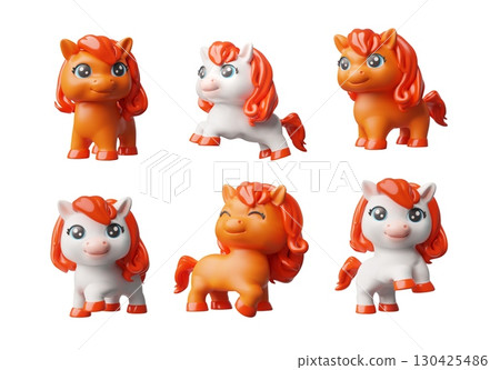 3D vector set of cartoon horses, fiery, white with red manes, from different sides and poses. 130425486