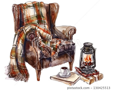 Cozy Christmas interior with a warm chair, plaid blanket, and a lantern glowing by the fireplace 130425513