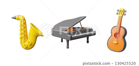Acoustic guitar, classical piano and saxophone 3d plastic style vector icons set, render realistic music instruments 130425520