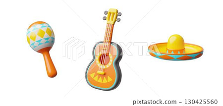 Acoustic guitar, maracas and Sombrero hat 3d vector icons set, realistic cartoon music instrument, Mexican culture Acoustic guitar, maracas and Sombrero hat 3d vector icons set, realistic cartoon music instrument, Mexican culture 130425560
