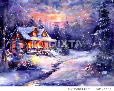 Charming watercolor winter landscape featuring a cozy cabin, trees, and gentle snowfall at sunset 130425587