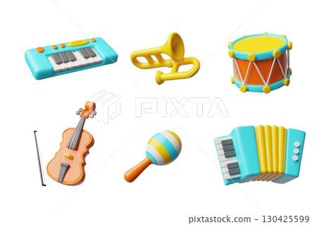 3D musical instruments set, synthesizer, drum, violin, trumpet, accordion, maracas. 3D musical instruments set, synthesizer, drum, violin, trumpet, accordion, maracas. 130425599