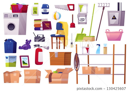 Isolated set of icons with furniture, appliances, tools, drawers, shelves, equipment. 130425607