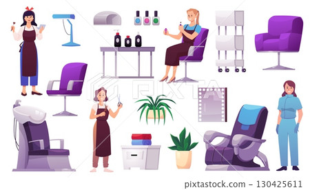 Set of beauty salon furniture, characters, equipment, cosmetics icons. 130425611