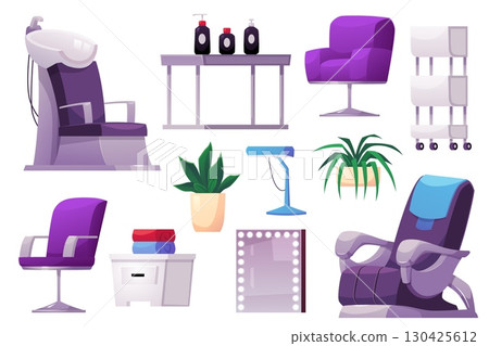 Spa salon furniture and accessories, armchair, makeup mirror, cosmetic products, beauty salon interior vector flat set 130425612