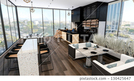 Modern Bakery Shop and Cafe Interior with Bread Display and Coffee Counter, 3d Rendering 130425647
