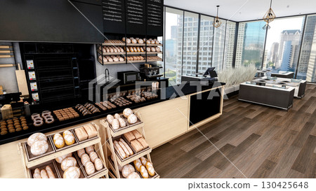 Modern Bakery Shop and Cafe Interior with Bread Display and Coffee Counter, 3d Rendering 130425648