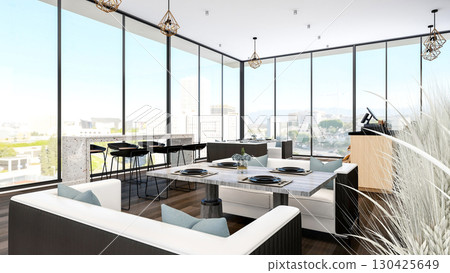 Modern Bakery Shop and Cafe Interior with Bread Display and Coffee Counter, 3d Rendering Modern Bakery Shop and Cafe Interior with Bread Display and Coffee Counter, 3d Rendering 130425649