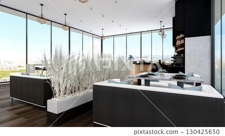 Modern Bakery Shop and Cafe Interior with Bread Display and Coffee Counter, 3d Rendering Modern Bakery Shop and Cafe Interior with Bread Display and Coffee Counter, 3d Rendering 130425650