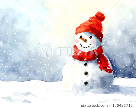 Whimsical watercolor illustration of a cheerful snowman wearing a red hat and scarf in winter 130425715