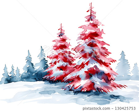Serene winter landscape featuring red and green pine trees with snow in a watercolor style Serene winter landscape featuring red and green pine trees with snow in a watercolor style 130425753