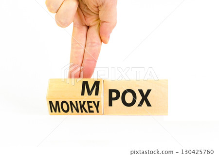 Monkey POX or Mpox symbol. Concept word Monkey POX or Mpox on wooden cubes. Doctor hand. Beautiful white table white background. Medical Monkey POX or Mpox concept. Copy space. Monkey POX or Mpox symbol. Concept word Monkey POX or Mpox on wooden cubes. Doctor hand. Beautiful white table white background. Medical Monkey POX or Mpox concept. Copy space. 130425760