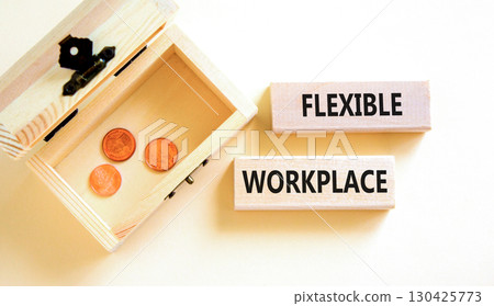 Flexible workplace symbol. Concept words Flexible workplace on beautiful wooden block. Beautiful white paper background. Wooden chest with coins. Business Flexible workplace concept. Copy space. 130425773