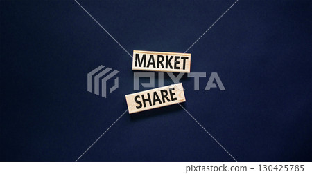 Market share symbol. Concept words Market share on beautiful wooden block. Beautiful black table black background. Business and Market share concept. Copy space. 130425785