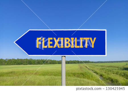 Flexibility symbol. Concept word Flexibility on beautiful blue road sign. Beautiful blue sky green grass and forest peaceful nature background. Business flexibility concept. Copy space. 130425945