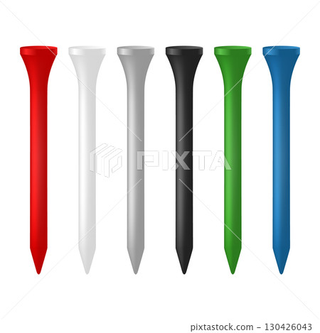 Vector 3d Realistic Golf Tees Set in Different Colors. Professional Golf Accessories for Tee Shot, Training, Tournament, Isolated 130426043