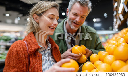 Middle aged couple shopping for fresh oranges together in the produce section of a supermarket 130426083