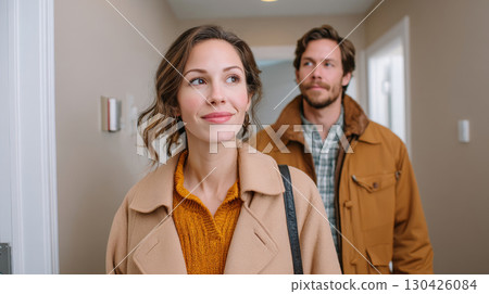 Young couple exploring new apartment together while moving into a home 130426084