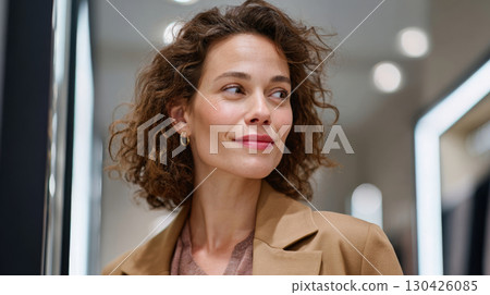 Confident young woman smiling while shopping for clothes in modern boutique 130426085