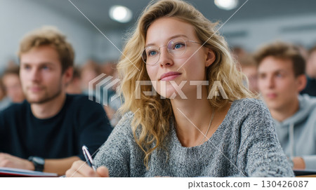 Young female student attentively listening during university lecture in classroom 130426087