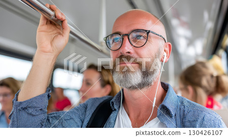 Bearded bald man with eyeglasses and earphones commuting on a public bus holding overhead rail Bearded bald man with eyeglasses and earphones commuting on a public bus holding overhead rail 130426107