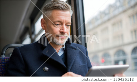 Mature businessman using digital tablet while commuting on public bus through the city 130426118