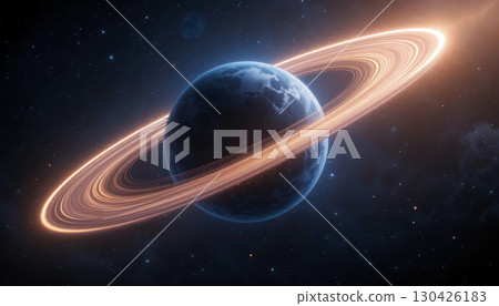 Stunning Illustration of a Planet With Glowing Rings in Outer Space. 130426183