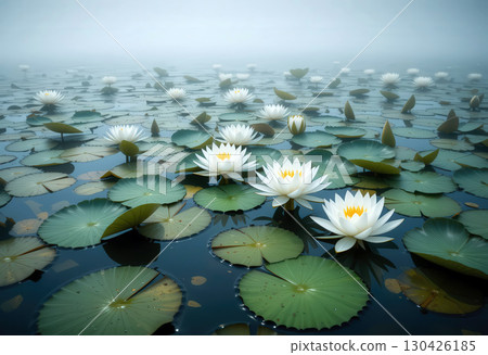 Serene Pond with White Lotus Flowers and Lush Green Lily Pads. Serene Pond with White Lotus Flowers and Lush Green Lily Pads. 130426185