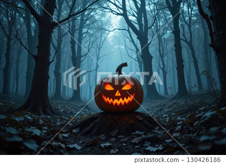 Spooky Jack-o'-Lantern in an Eerie Forest at Night. Spooky Jack-o'-Lantern in an Eerie Forest at Night. 130426186