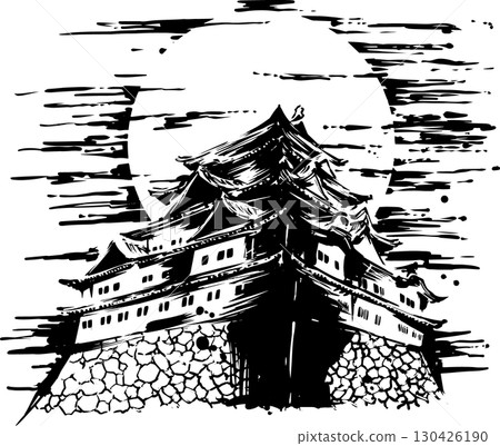 Sumi-e illustration of a Japanese castle and the moon 130426190