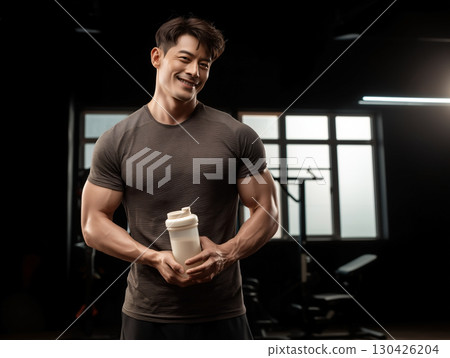 Smiling muscular man holding protein shaker in gym after workout session with fitness equipment in background 130426204