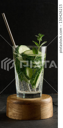 A glass of refreshing detox water with slices of cucumber and a sprig of mint, with bubbles A glass of refreshing detox water with slices of cucumber and a sprig of mint, with bubbles 130426215
