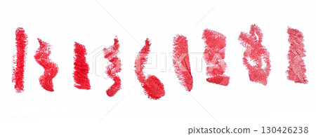 Strokes made with red lipstick. The strokes have uneven texture and jagged edges, isolated background 130426238