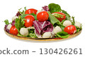 Fresh salad with cherry tomatoes, mixed greens and mozzarella balls served on a white plate with a gold rim. 130426261