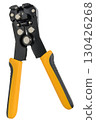 Close up of hand held wire stripper tool with yellow and black handles placed on isolated background 130426268