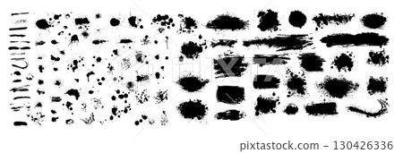 Set of blots. Splatter Paint Texture . Black Spray Blot of Ink. Place illustration Over any Object to Create Grungy Effect . hand drawn. Not AI, Vector 130426336