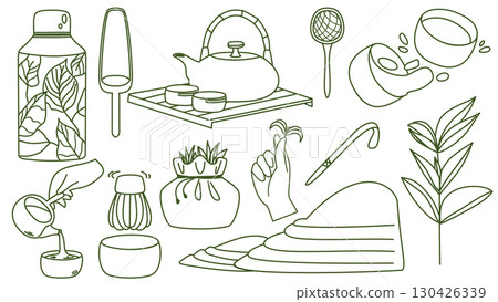 Outline matcha tea element set with teapot, sprout, cups, whisk, and bamboo spoon in green. Ideal for tea brands, cafes, designers, and packaging focused on natural and traditional tea culture. 130426339