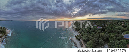 Aerial drone sunset panorama of Lanterna peninsula, Istria, Croatia. 130426579